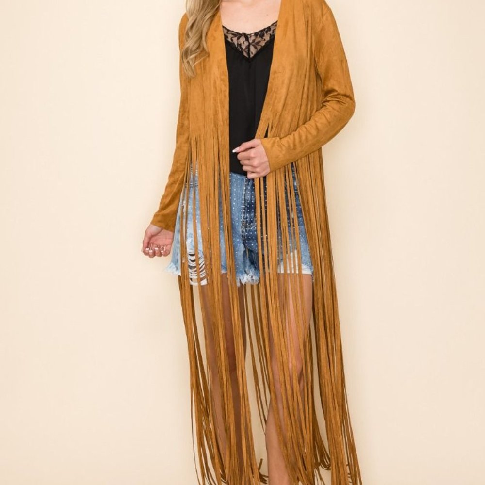 VOCAL suede fringe DUSTER JACKET Woodstock Boho western rodeo cowgirl S-3X CAMEL